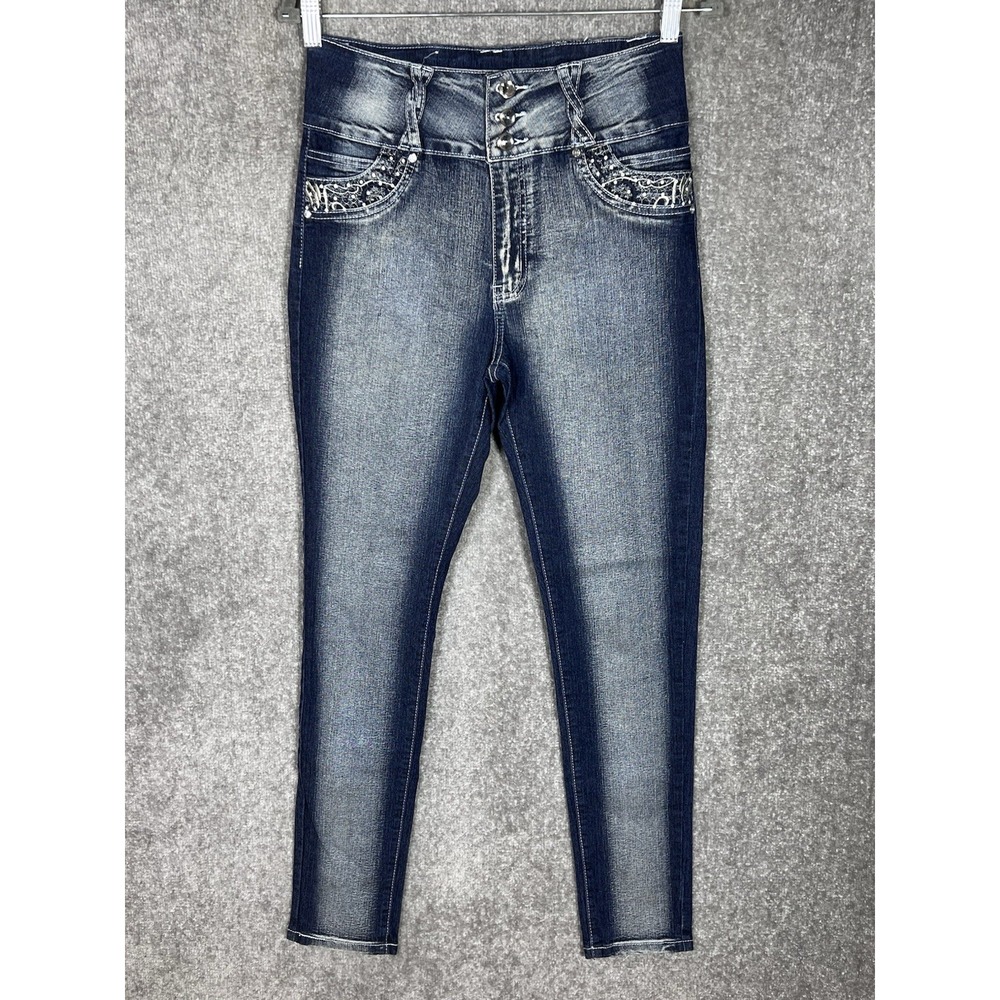 Minerva Jeans Womens Juniors Size 9 Blue Acid Wash Skinny Bling Back‎ Pockets